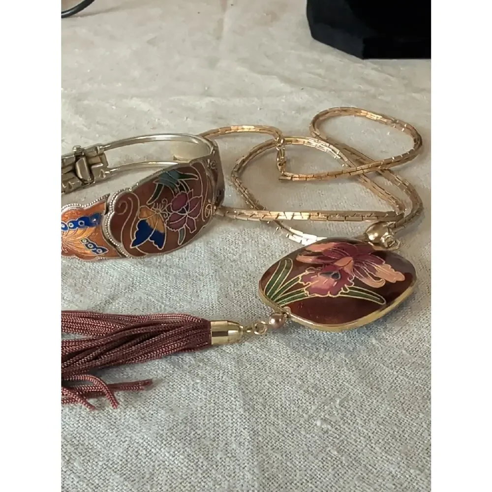 Vintage Cloisonné Style Orchid Tassel Necklace With Hinge Cuff Bracelet